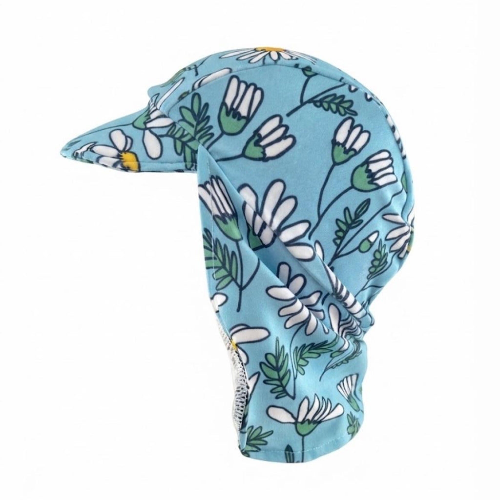 daisy styled swim hat for kids to play in the sun on a hot summers beach day