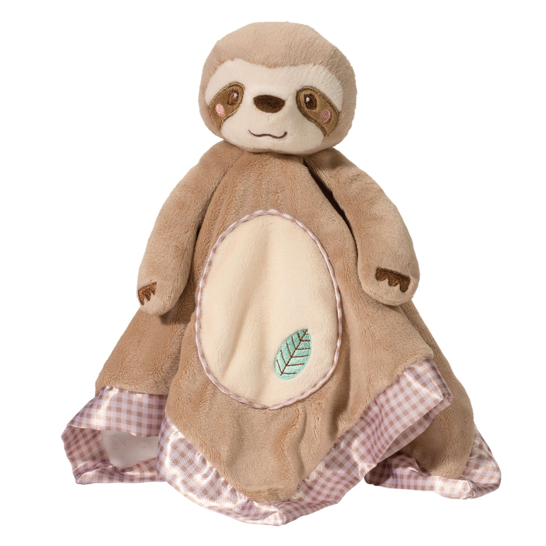 Plush toy sloth with a checkered bottom on a white background