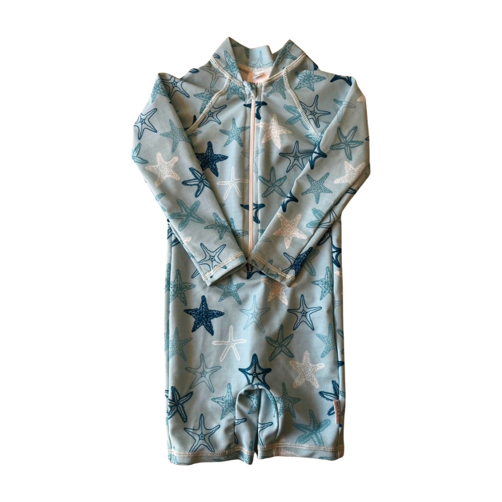 Children's uv suit with starfish pattern on a white background long sleeve