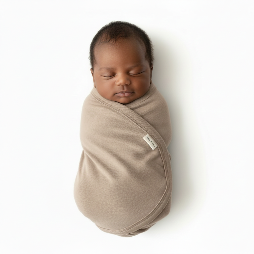 Newborn baby swaddled in a beige blanket on a white background