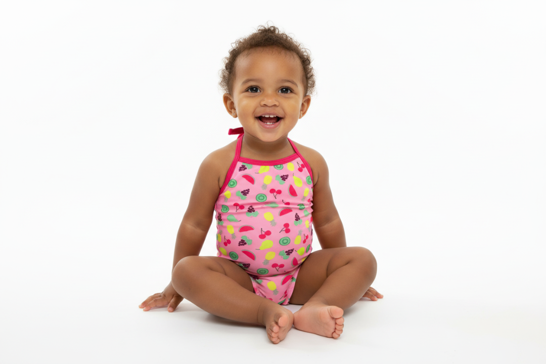 Pink children's swimsuit with fruit pattern on a white background