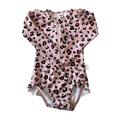 Pink leopard print baby swimsuit on a white background from the Jake and Isla Collection