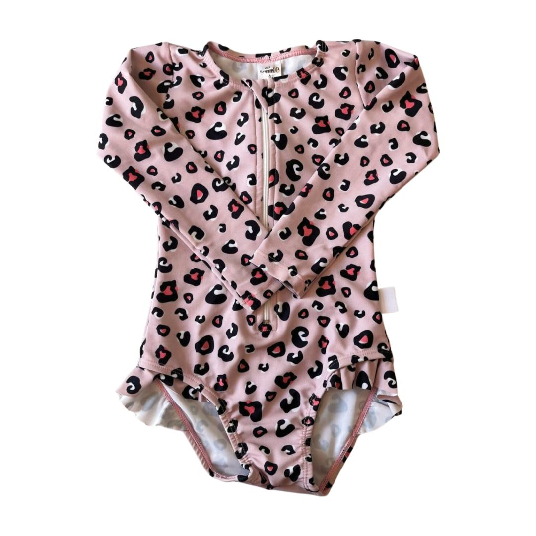 Pink leopard print baby swimsuit on a white background from the Jake and Isla Collection