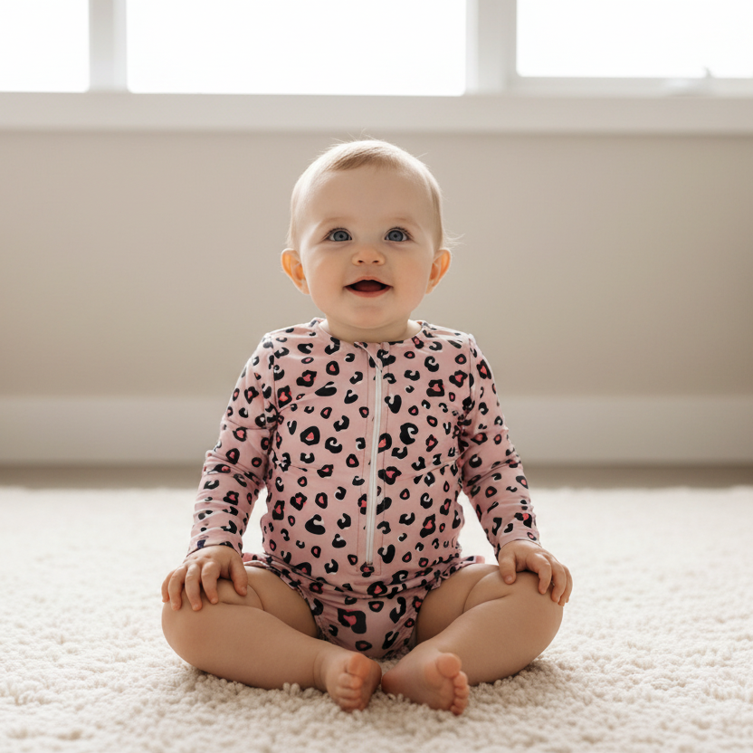 A baby sitting on a white shag rug wearing a pink long-sleeve swimsuit from The Jake and Isla Collection with a black leopard print pattern, in a bright room with a window and a potted plant in the background.