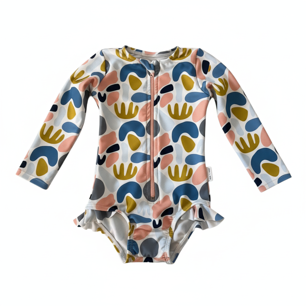 Colorful baby swimsuit with abstract pattern on a white background