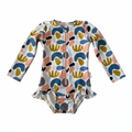 Colorful baby swimsuit with abstract pattern on a white background