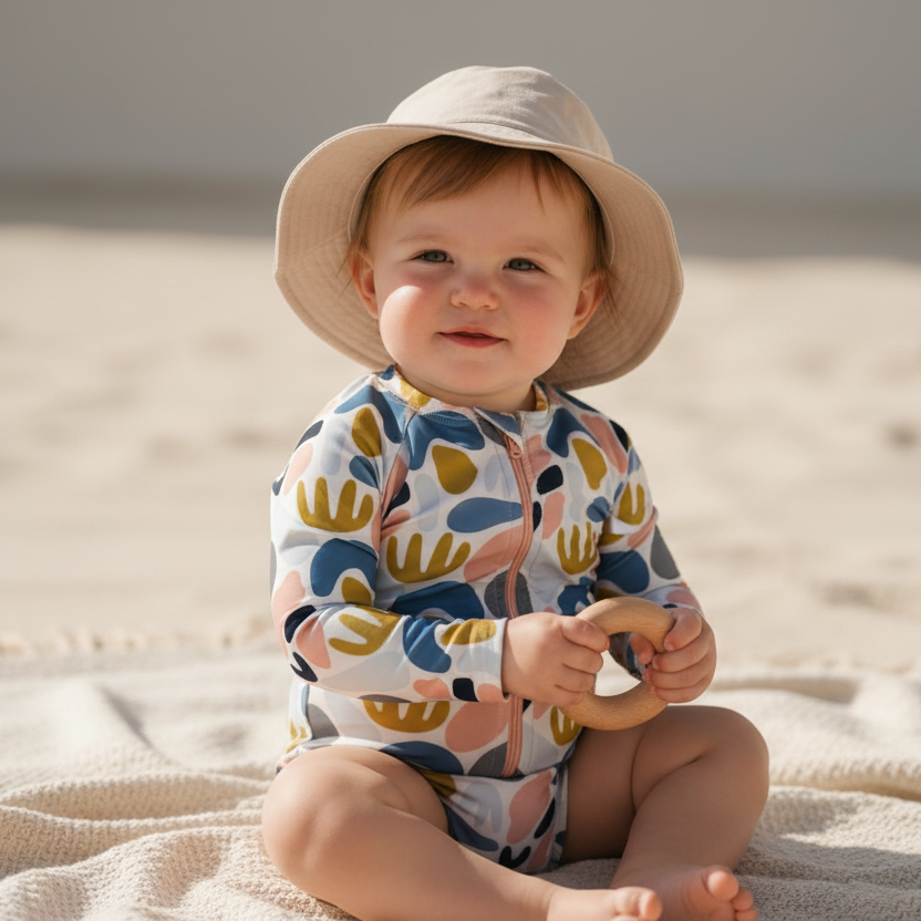 baby wearing long-sleeved swimming costume fro the Jake and Isla Collection