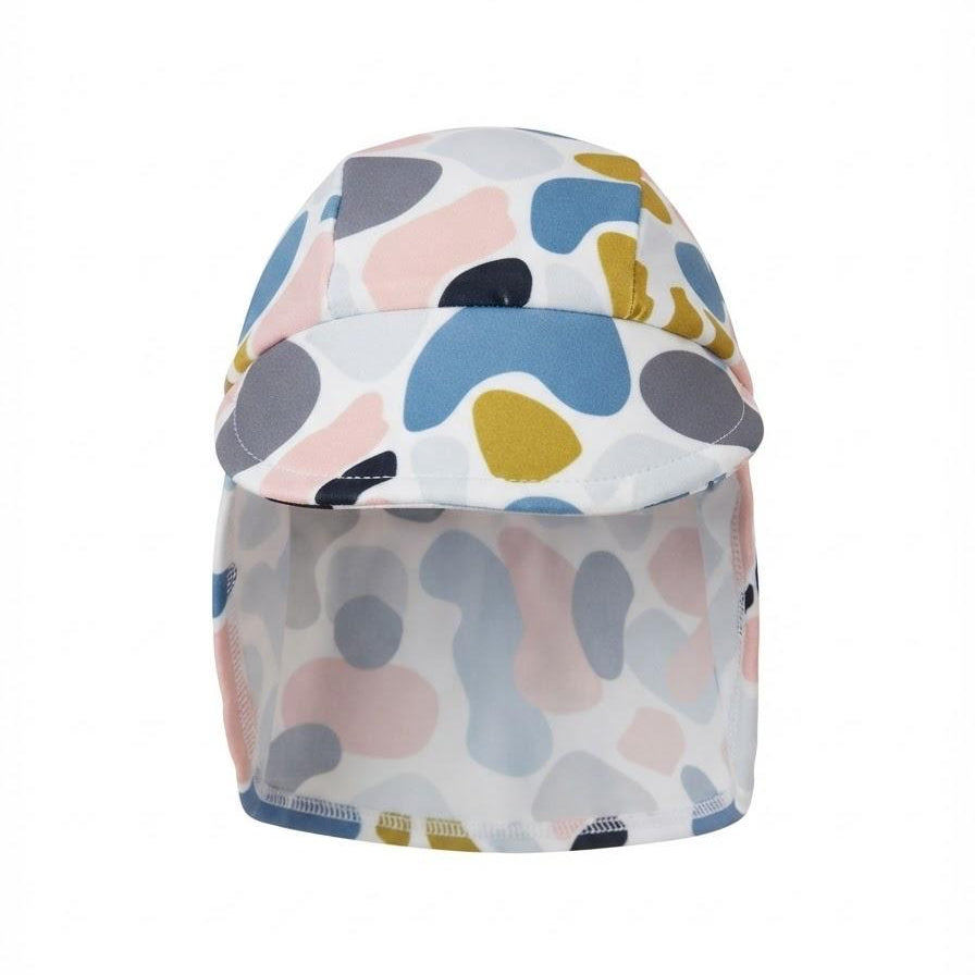 A children's swim hat with an attached mesh sun visor, featuring a colorful abstract paint splatter pattern in blue, pink, yellow, gray, and black on a white background.