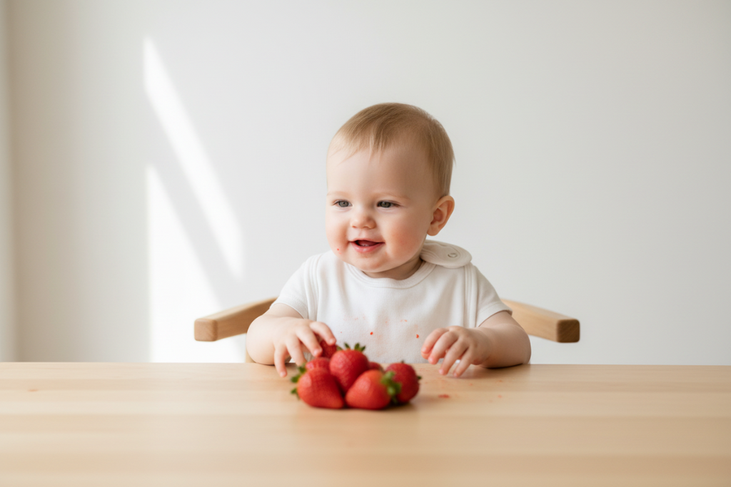 Baby sitting at a table with strawberries on a white background