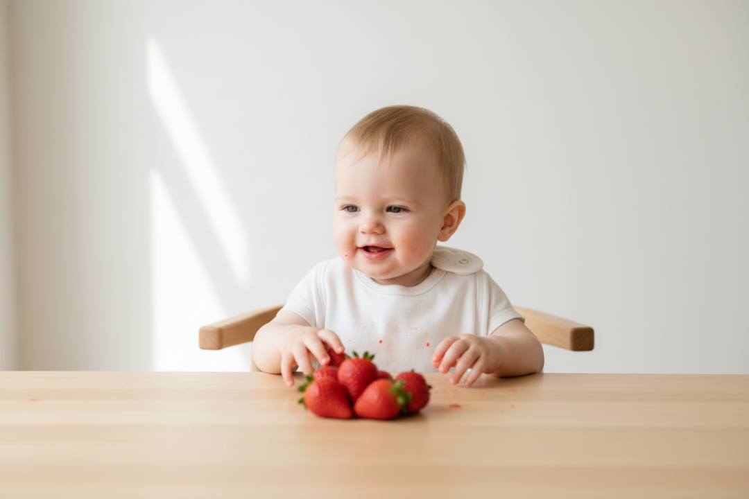 Baby sitting at a table with strawberries on a white background