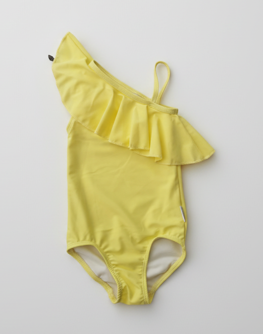 Yellow one-shoulder swimsuit with ruffles on a white background