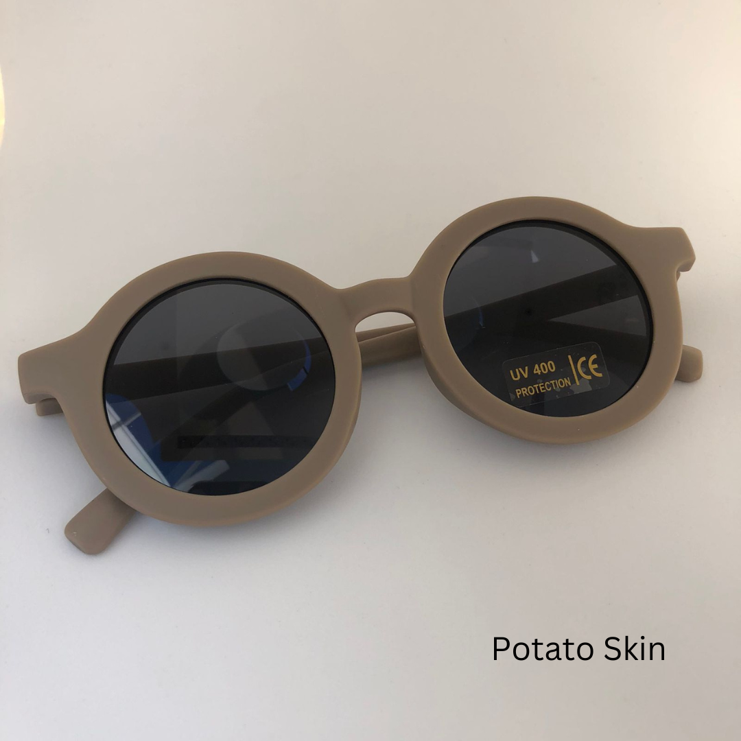 potato skin sunglasses on white background