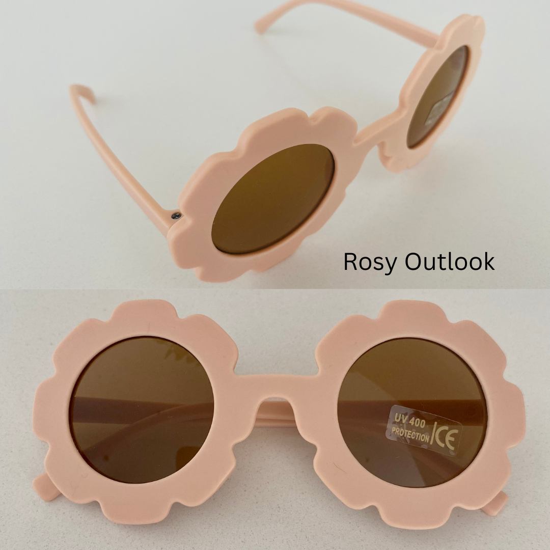 rosy outlook flower sunglasses on white bcakground